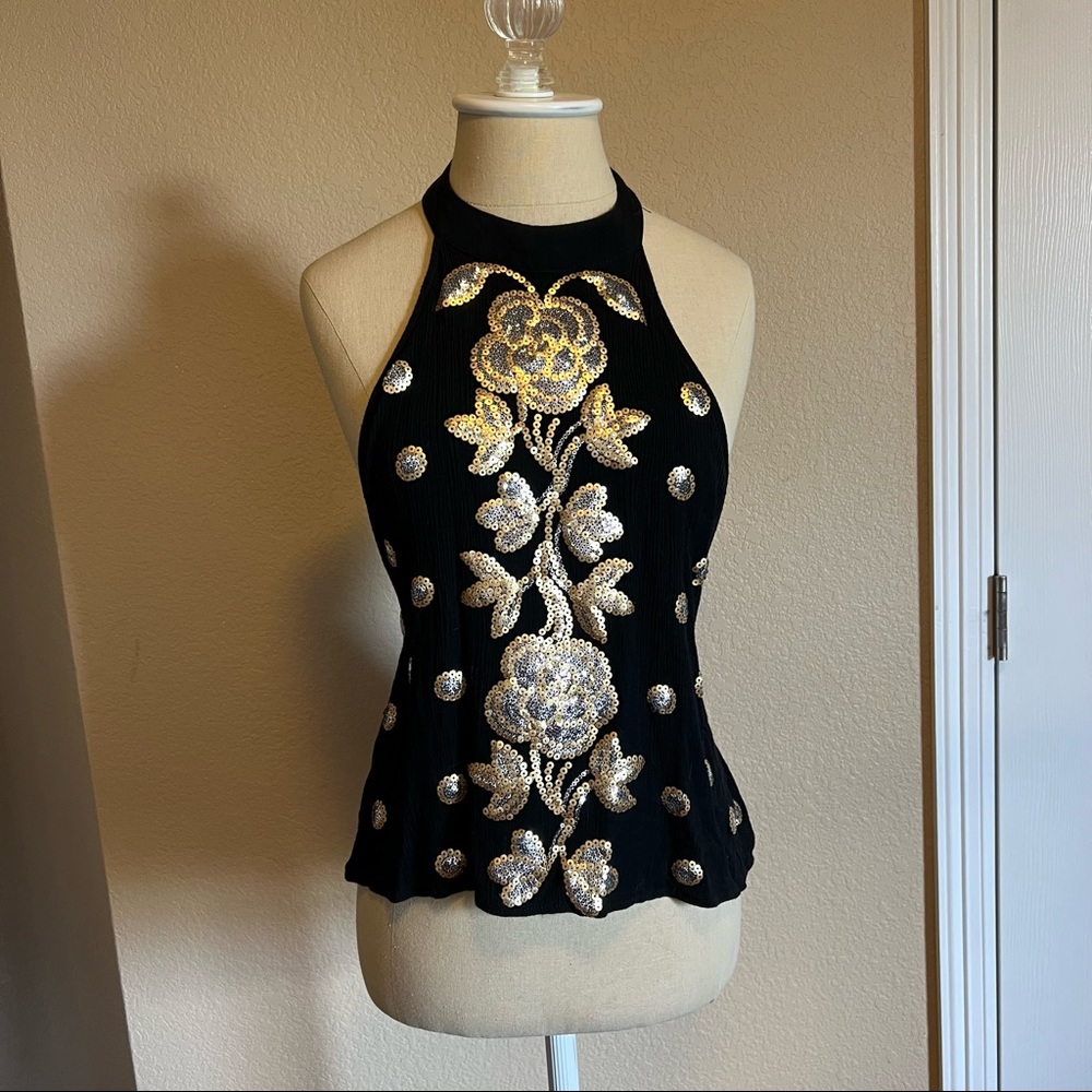 Black Sequin Halter Top, Size M